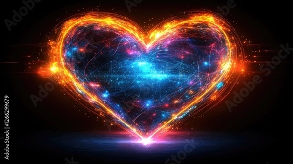 Fototapeta Vibrant glowing heart shape with swirling colors and cosmic elements on a dark background