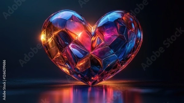 Fototapeta Colorful crystal heart sculpture illuminated by soft light against a dark background, symbolizing love