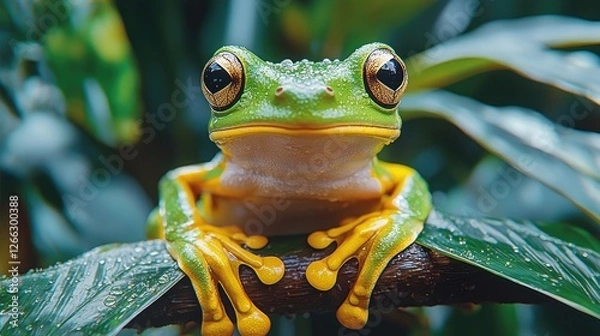 Fototapeta Close-up of a vibrant green tree frog resting on a leaf in a lush tropical environment
