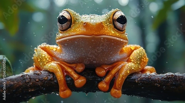Fototapeta Close-up of a vibrant orange frog perched on a wet branch amidst a lush, misty forest backdrop