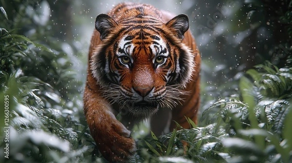 Fototapeta Majestic tiger prowling through lush greenery in a vibrant jungle setting, with soft rain falling