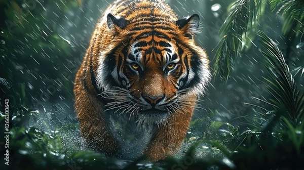 Fototapeta Majestic tiger prowling through a lush rainforest during a rainstorm, showcasing its fierce expression