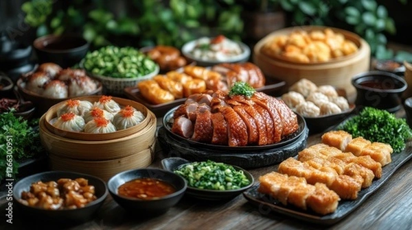 Fototapeta A vibrant spread of assorted dim sum and delicacies arranged on a wooden table, surrounded by greenery