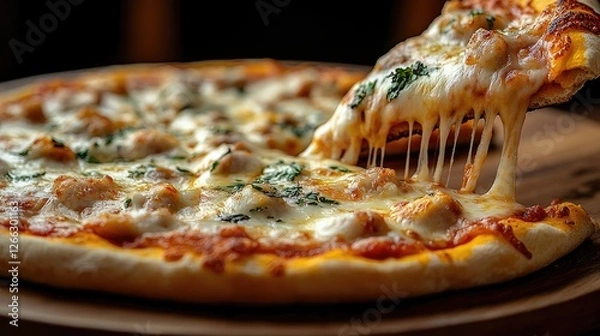 Fototapeta Deliciously melted cheese pizza being pulled apart, showcasing toppings and a rustic wooden background