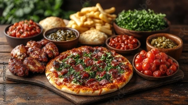 Fototapeta Delicious spread of pizza, wings, and fresh sides on a rustic wooden table with greenery