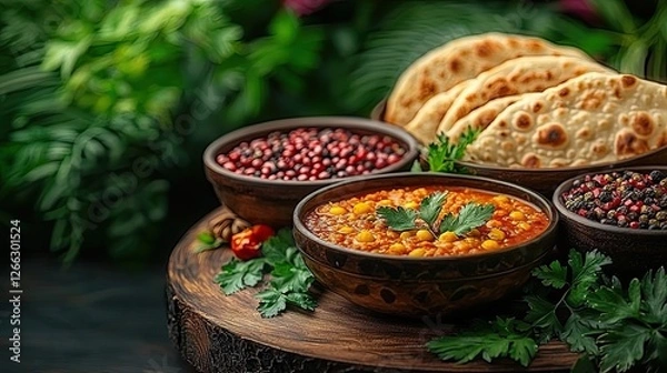 Fototapeta Colorful bowls of lentil curry, grains, and flatbread on a wooden platter surrounded by greenery