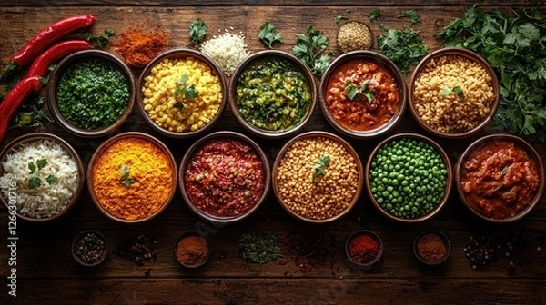 Fototapeta Colorful assortment of spices and dishes arranged in bowls on a rustic wooden table