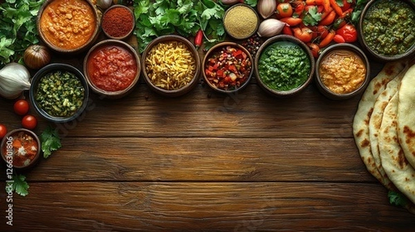 Fototapeta Colorful assortment of spices and fresh ingredients arranged on a wooden table for cooking