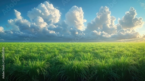 Fototapeta Lush green field under a vibrant sky with fluffy clouds, evoking tranquility and nature's beauty