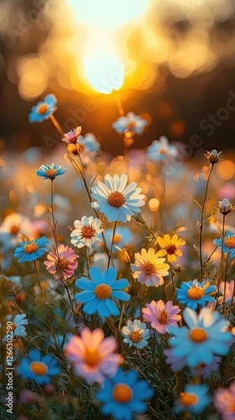 Fototapeta Vibrant wildflower field at sunset with colorful blooms and warm sunlight illuminating the scene