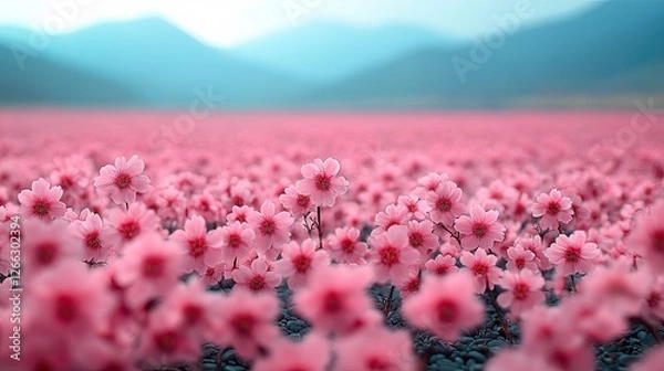 Fototapeta A vibrant field of pink flowers in full bloom against a backdrop of distant mountains
