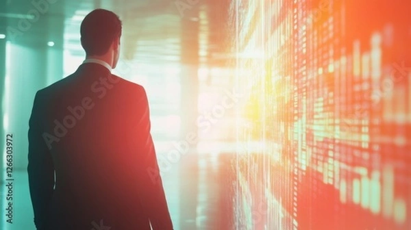 Obraz Businessman Analyzing Digital Data on a Wall in Modern Office
