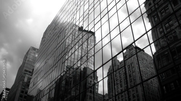 Fototapeta Skyscraper reflection, city backdrop, urban architecture, grayscale