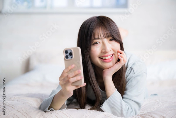 Obraz スマホでを持つ寝転ぶカメラ目線の女性　カメラ目線のクローズアップ