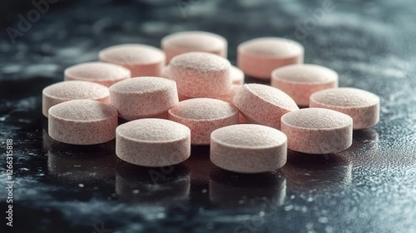 Fototapeta Pink Tablets on Dark Surface with Soft Focus and Shallow Depth of Field