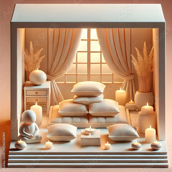 Obraz 3D Close up of a serene indoor meditation space with cushions and candles copy space below. concept as Peaceful close up of an indoor meditation space adorned with cushions and softly lit candles symb