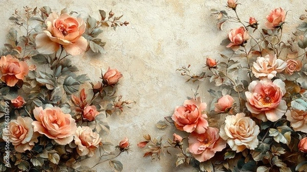 Obraz Beautiful floral arrangement with soft peach roses and green leaves against a textured background