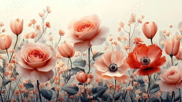 Obraz A vibrant floral arrangement featuring various roses and anemones in soft pastel hues