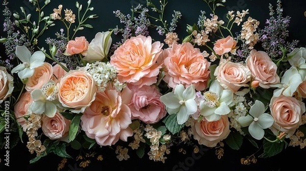 Obraz A vibrant arrangement of soft pink and white flowers with delicate greenery against a dark backdrop