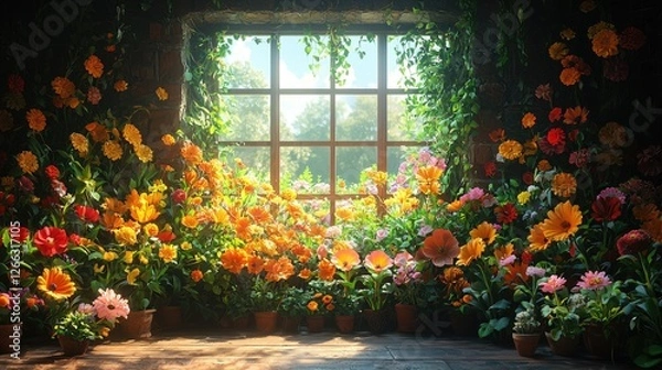 Obraz Vibrant indoor garden filled with colorful flowers, sunlight streaming through a window