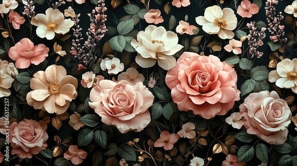 Obraz Elegant floral pattern featuring a variety of roses and blossoms on a dark background