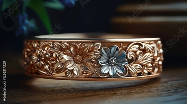 Obraz Ornate floral bracelet showcasing intricate metalwork, placed on a wooden surface with greenery