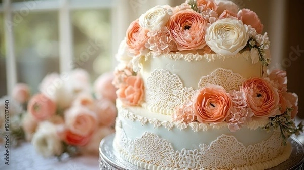 Obraz Elegant two-tier wedding cake adorned with delicate lace and fresh flowers, set in a soft-lit room