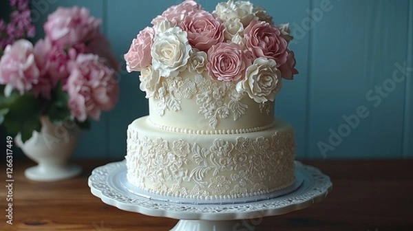 Obraz Elegant two-tiered cake adorned with pink and white roses, set against a floral background