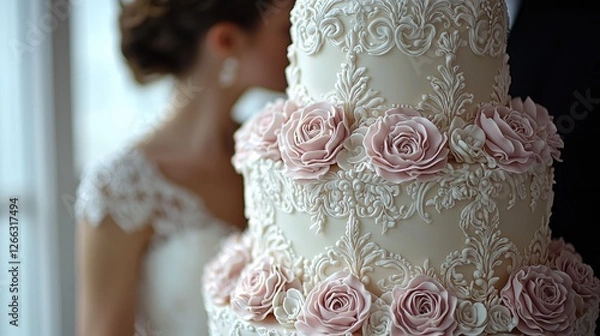 Obraz Elegant wedding cake adorned with delicate pink roses, featuring a bride in the background