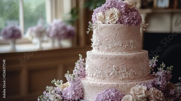 Obraz Elegant three-tier wedding cake adorned with delicate flowers in a charming indoor setting