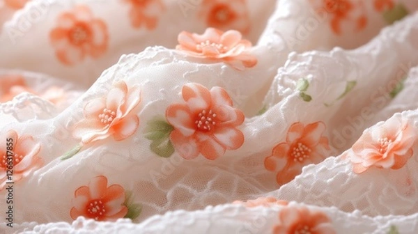 Obraz Delicate floral lace fabric with orange blossoms, draping softly, ideal for fashion design