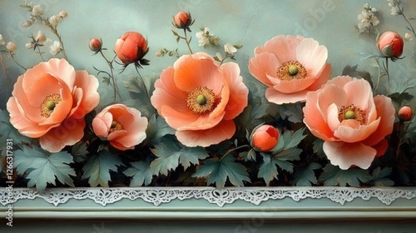 Obraz Elegant arrangement of blooming coral flowers with delicate leaves against a soft blue background
