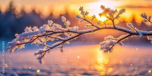 Obraz A frost-covered branch silhouetted against a breathtaking winter sunset, showcasing nature's artistry with delicate ice crystals and warm golden light reflecting on a serene, frozen water surface.