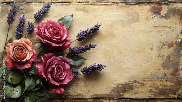 Obraz Beautiful arrangement of pink and lavender flowers on a rustic wooden surface background