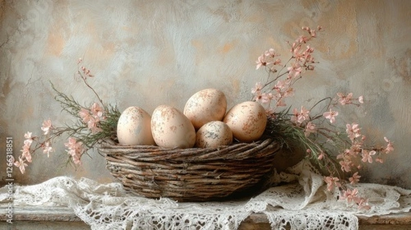 Obraz A rustic basket filled with decorative eggs and delicate pink flowers on a textured background