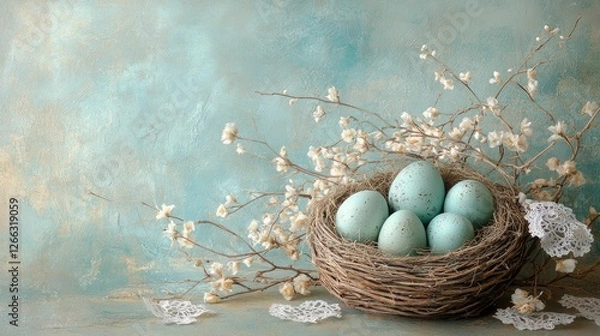 Obraz A serene nest of pastel blue eggs surrounded by delicate branches and lace on a soft background