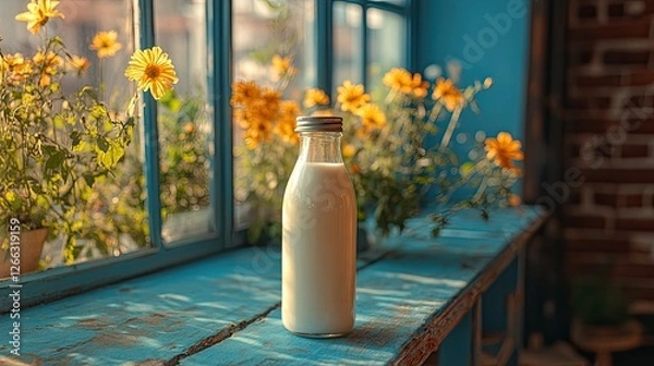 Obraz Fresh milk bottle on a rustic blue table with vibrant flowers in a sunny window setting