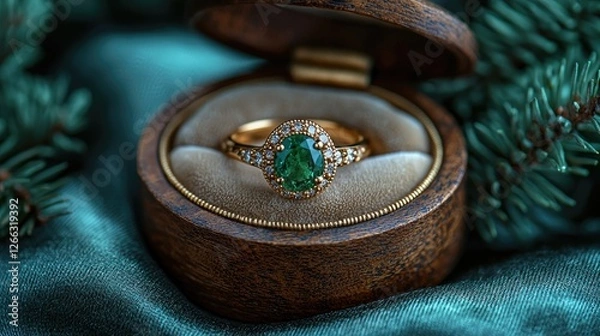 Obraz Elegant green gemstone ring displayed in a wooden box amidst lush greenery and soft fabric