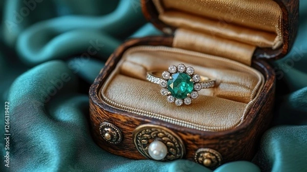 Obraz Elegant emerald ring displayed in a vintage jewelry box on luxurious satin fabric background