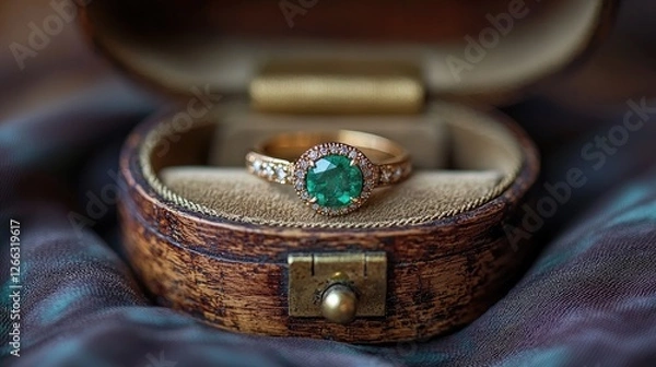 Obraz Elegant emerald ring showcased in vintage wooden box with soft fabric background