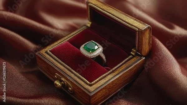 Obraz Elegant emerald ring displayed in a vintage wooden box on rich red satin fabric background