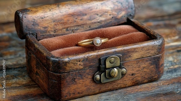 Obraz Vintage wooden box containing a delicate ring, resting on a rustic table with a warm ambiance