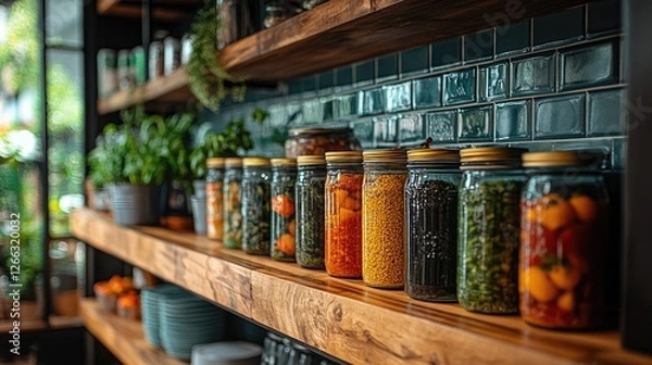 Obraz Colorful jars of preserved vegetables and fruits lined on rustic wooden shelves in a vibrant kitchen