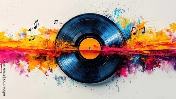 Obraz Vibrant Abstract Art Featuring a Vinyl Record Surrounded by Colorful Paint Splashes and Music Notes