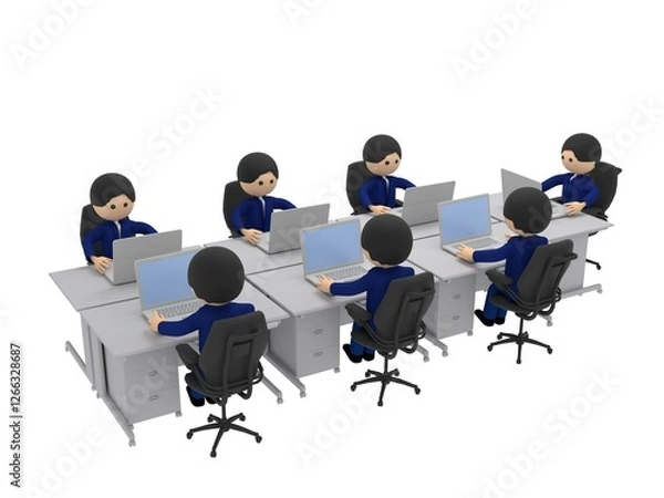 Fototapeta たくさんの机が並ぶオフィスで、ノートパソコンを操作して仕事するビジネスマンたち