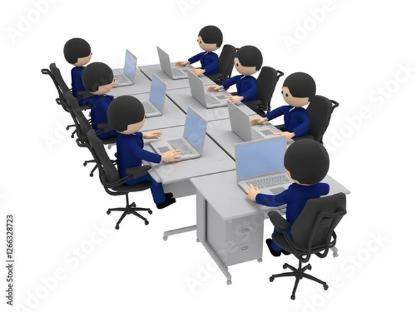 Obraz たくさんの机が並ぶオフィスで、ノートパソコンを操作して仕事するビジネスマンたち