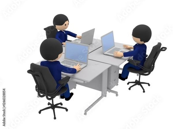 Obraz たくさんの机が並ぶオフィスで、ノートパソコンを操作して仕事するビジネスマンたち