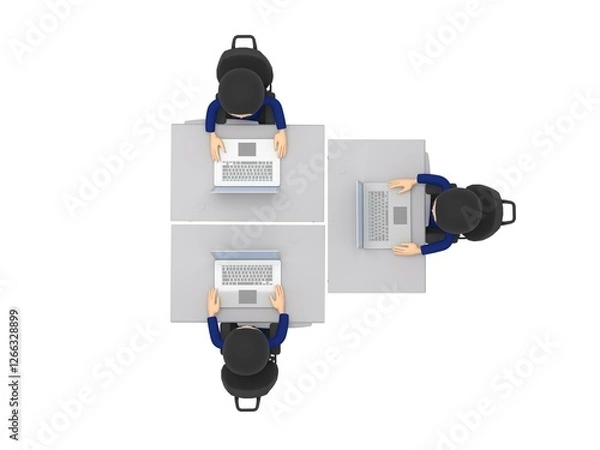 Obraz たくさんの机が並ぶオフィスで、ノートパソコンを操作して仕事するビジネスマンたち