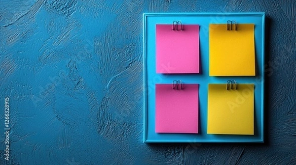 Fototapeta Colorful sticky notes on a blue textured board, showcasing organization and creativity