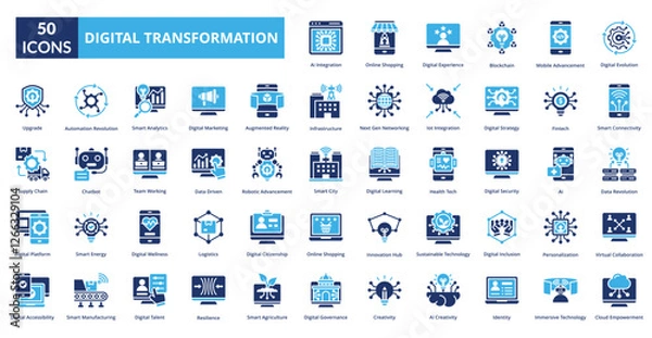 Obraz Digital Transformation fill icon collection set. Includes evolution, progress, technology, transformation, digital, information, concept, innovation